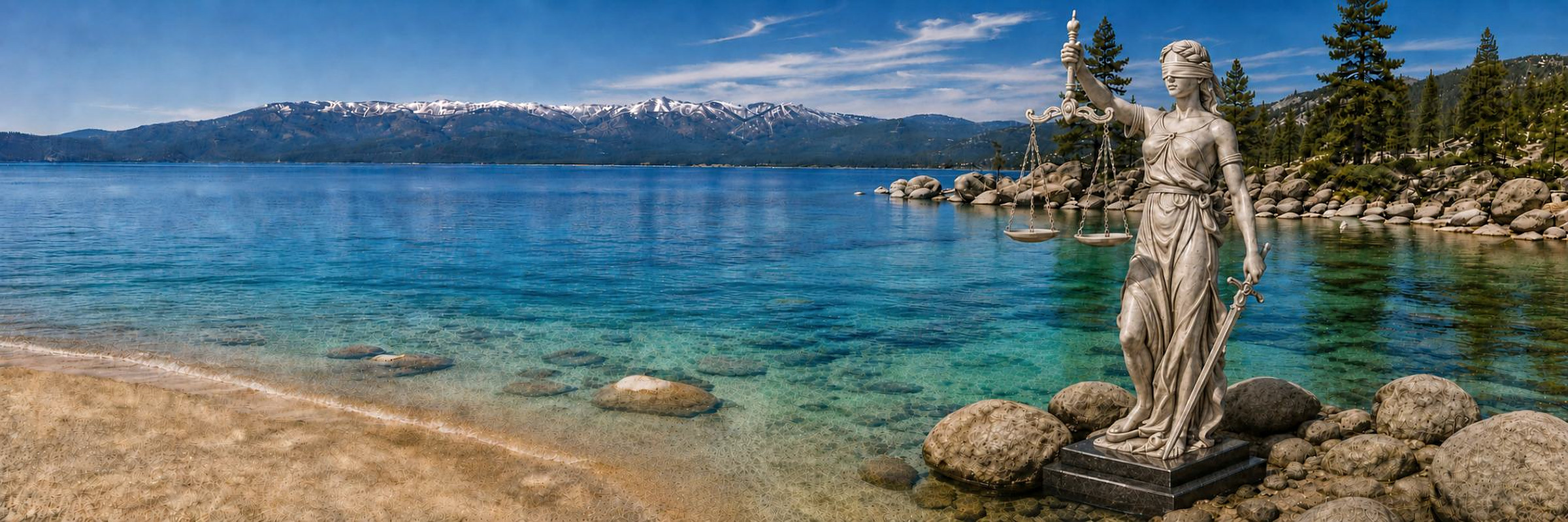 Reno attorney at Rusby Law — Lady Justice on the shore of Lake Tahoe below the Sierra Nevada