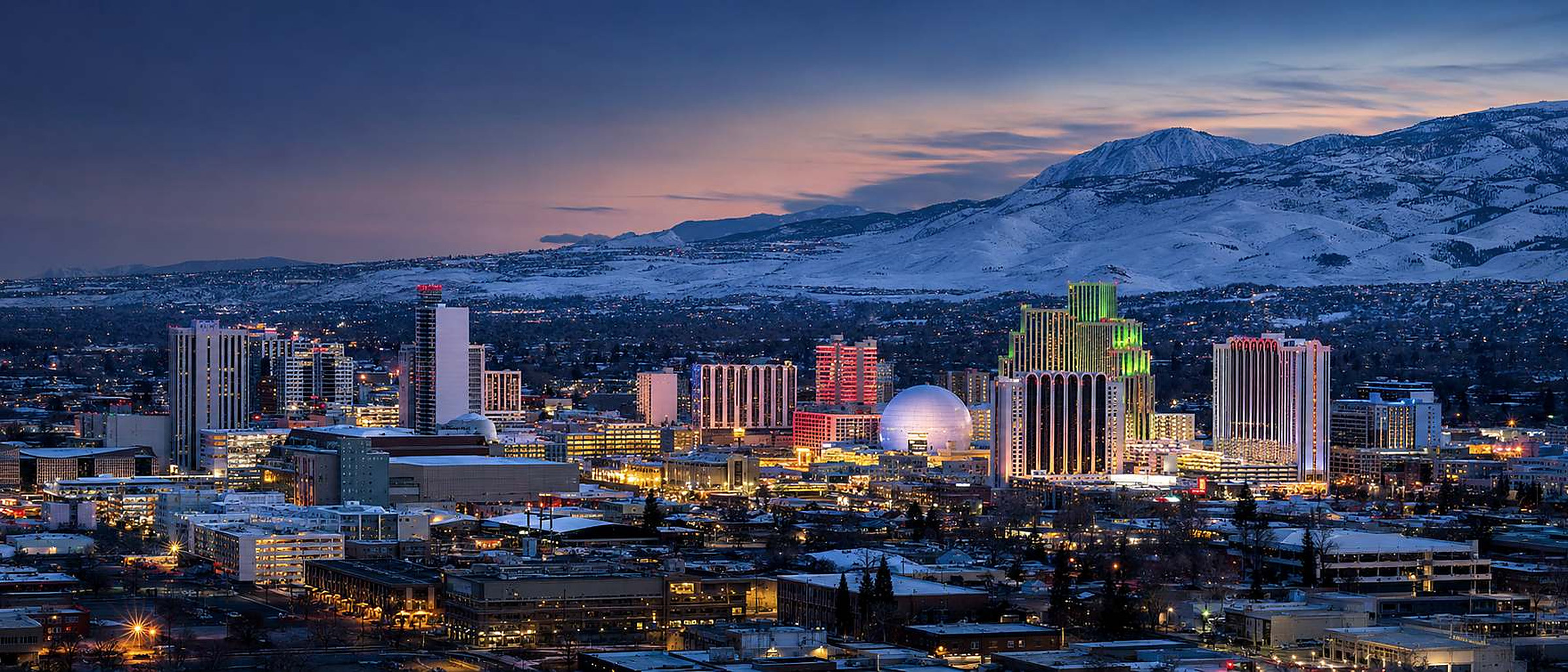 Downtown Reno at dusk near the Rusby Law office on Stewart Street