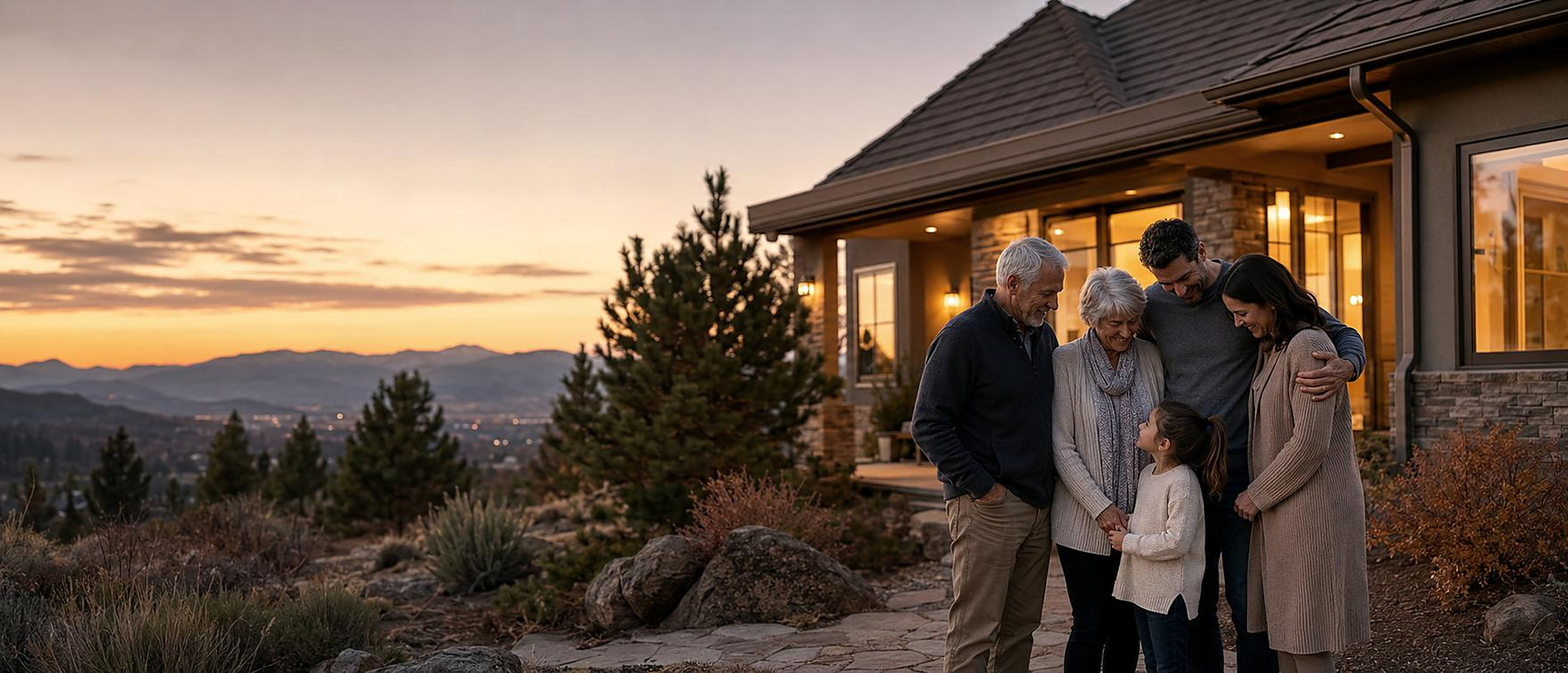 Reno estate planning attorney client family outside their home at sunset