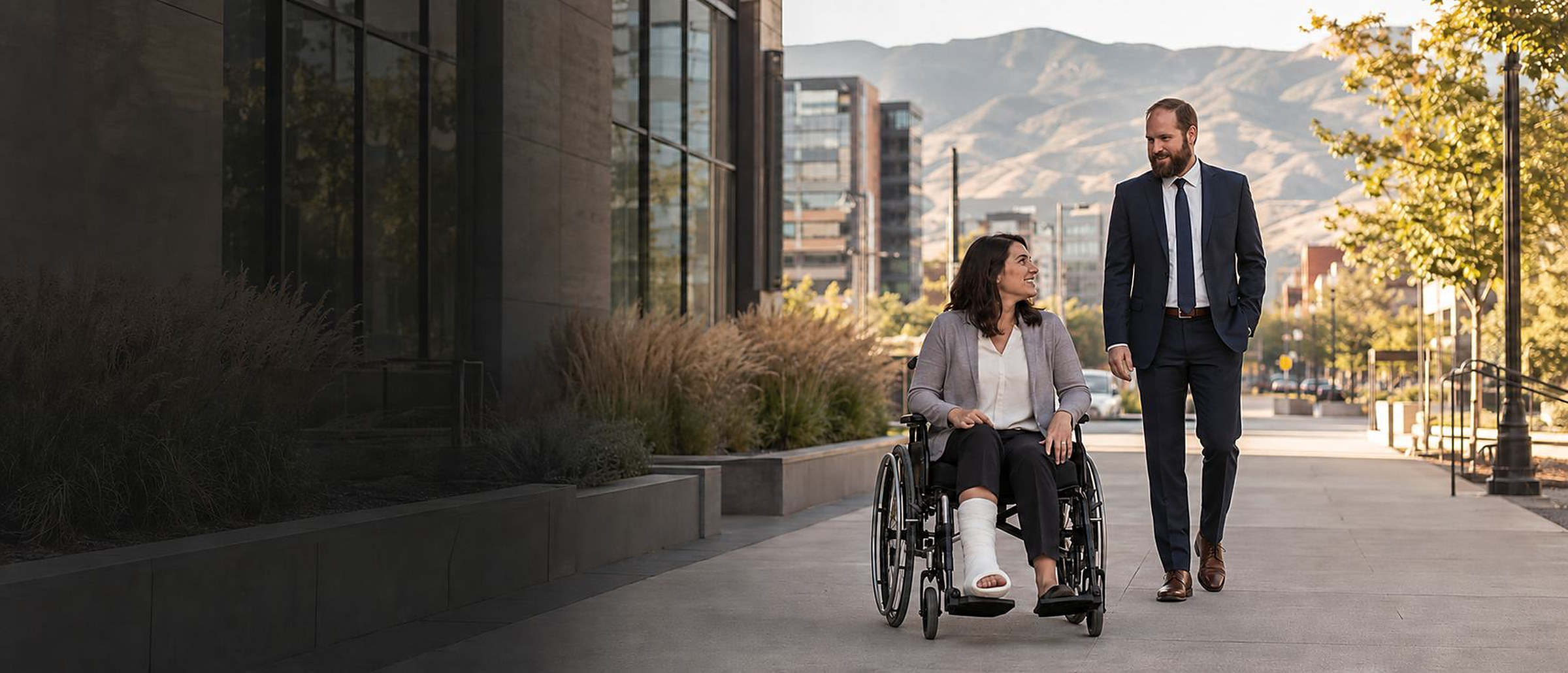 Reno personal injury attorney walking with an injured client outside a Reno office building